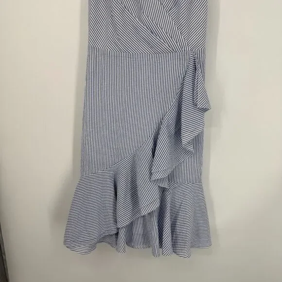 J Crew Seersucker Dress Coastal Nautical Preppy Blue White Faux Wrap Women Sz 4 - Picture 3 of 14